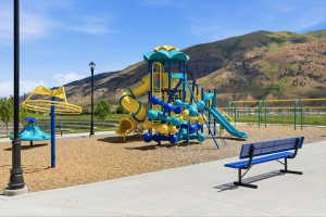 Colorful playground featuring a multi-level play structure, swings, and a spinning element, all set on a wood chip base