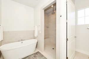 Freestanding soaking tub and walk-in shower with rain head fixture