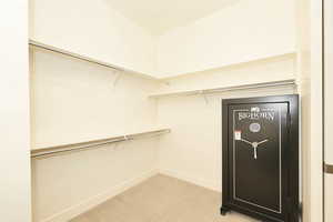 Walk-in closet featuring multiple shelving units, garment rods, and carpet flooring