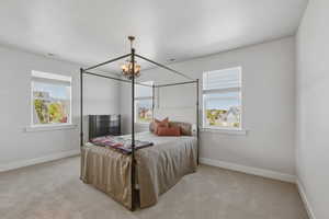 Spacious room featuring light gray walls, plush carpet flooring, and white trim