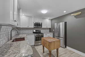 Kitchen featuring light-toned cabinetry, stainless steel appliances, granite countertops, and a patterned tile backsplash