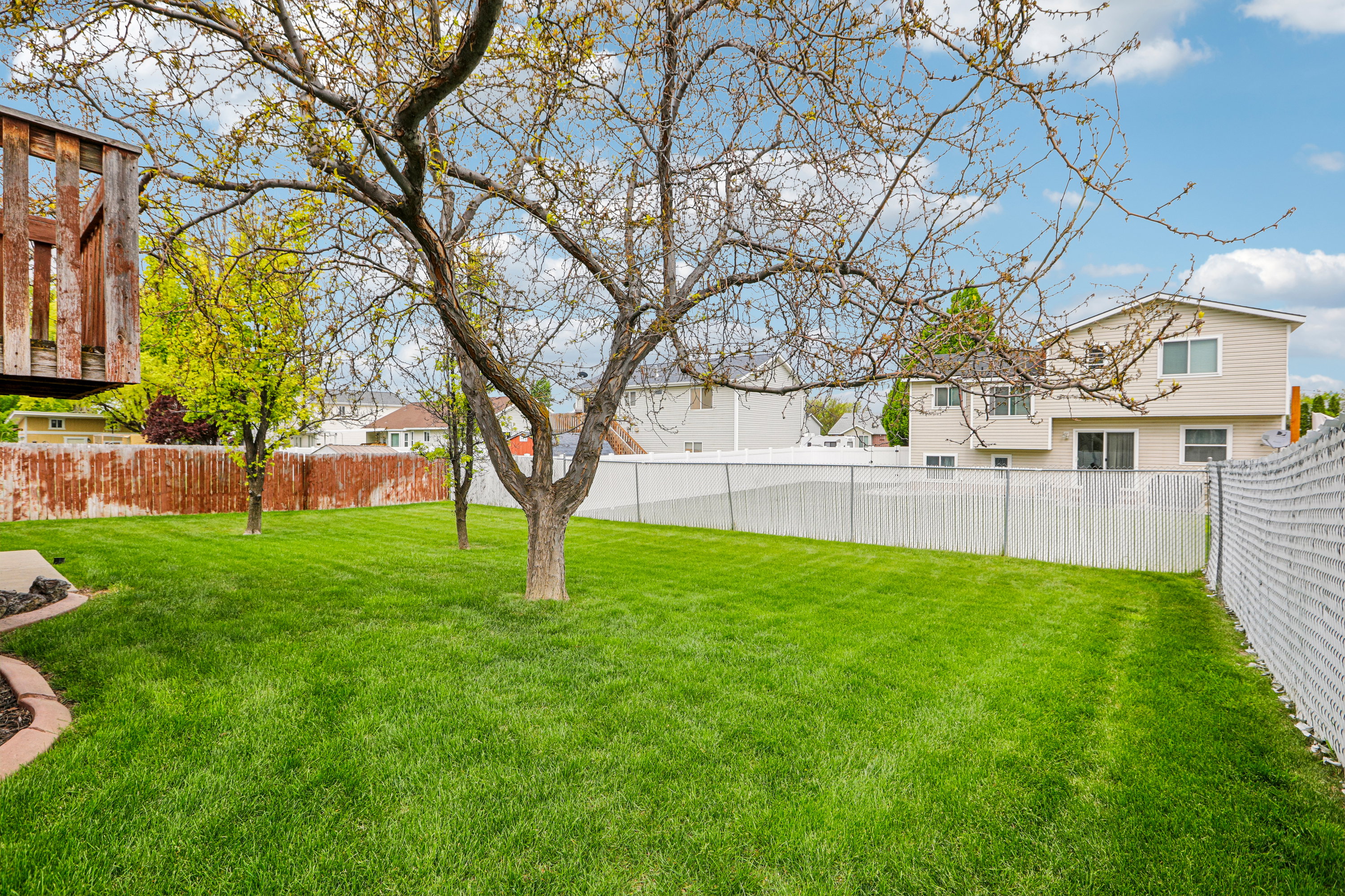 Expansive lawn area featuring mature trees and a chain-link fence perimeter