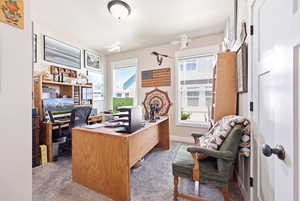 Versatile room featuring two windows, recessed lighting, neutral wall tones, and carpet flooring