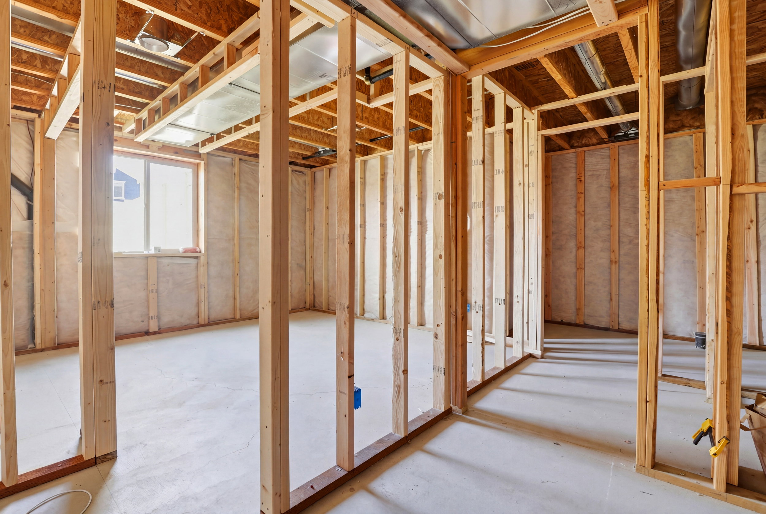Unfinished lower level framed for future development, featuring a large egress window, exposed ceiling joists, and pre-wired electrical outlets
