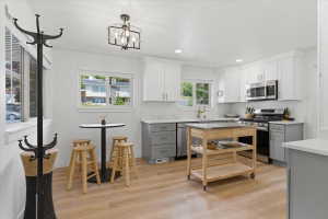 Contemporary kitchen featuring two-tone cabinetry, stainless steel appliances, and wood-finish flooring