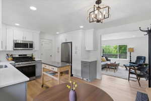 Open-concept kitchen featuring white cabinetry, stainless steel appliances, a center island, and wood-finish flooring
