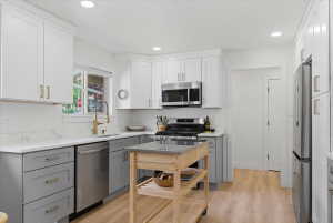 Kitchen featuring two-tone cabinetry with white upper and gray lower cabinets, stainless steel appliances, and wood-finish flooring