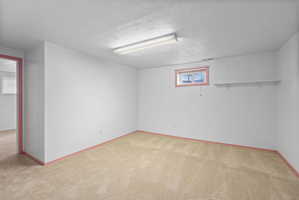 Carpeted room with white walls, a single window, and a built-in white shelf