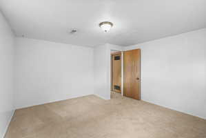 Neutral tone carpeting, white painted walls, and ceiling-mounted light fixture