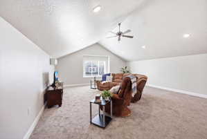 Living area featuring a ceiling fan, a textured ceiling, and light carpet