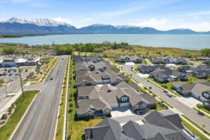 Aerial view of residential area with a water and mountain view