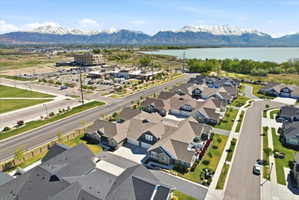 Aerial perspective of suburban area featuring mountains