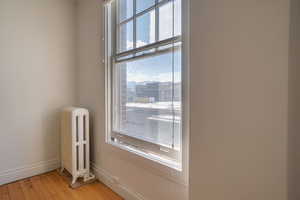 Tall double-hung window with a classic cast iron radiator below
