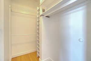 Spacious closet featuring built-in shelving, hanging rods, wire rack storage, and wood-finish flooring