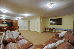 Spacious recreational area featuring recessed lighting, light-toned carpeting, and multiple white panel doors