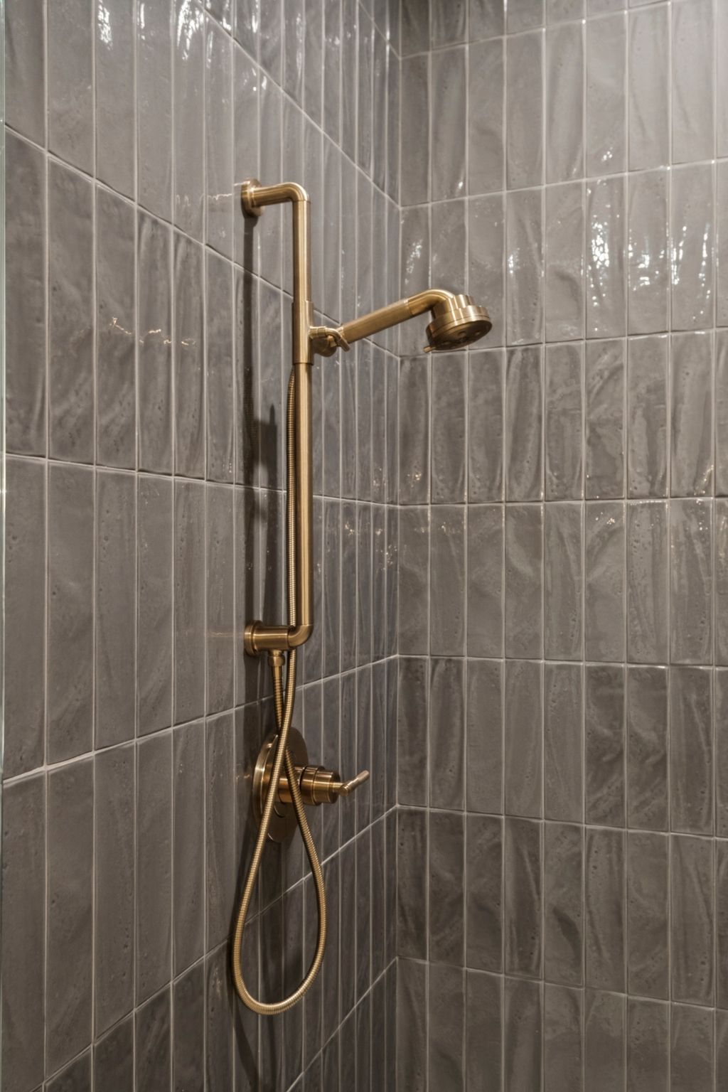 Casita bath featuring dual vanity and luxurious floor to ceiling tile shower with Brizo plumbing fixtures and designer lighting.