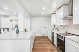 Modern kitchen featuring white cabinetry, light-toned countertops, and wood-finish flooring