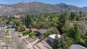 Residential neighborhood with mature trees, established properties, and distant mountainous terrain