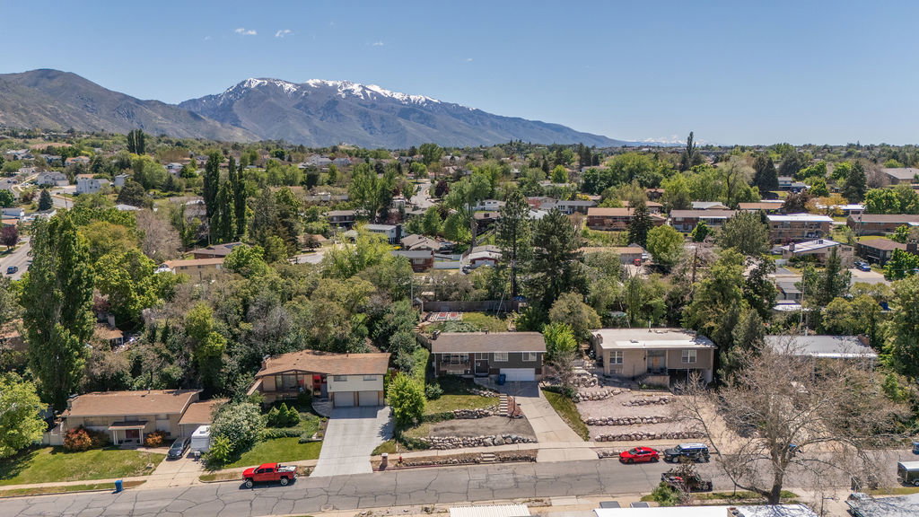 Aerial perspective highlighting a residential street with mature trees and mountain scenery