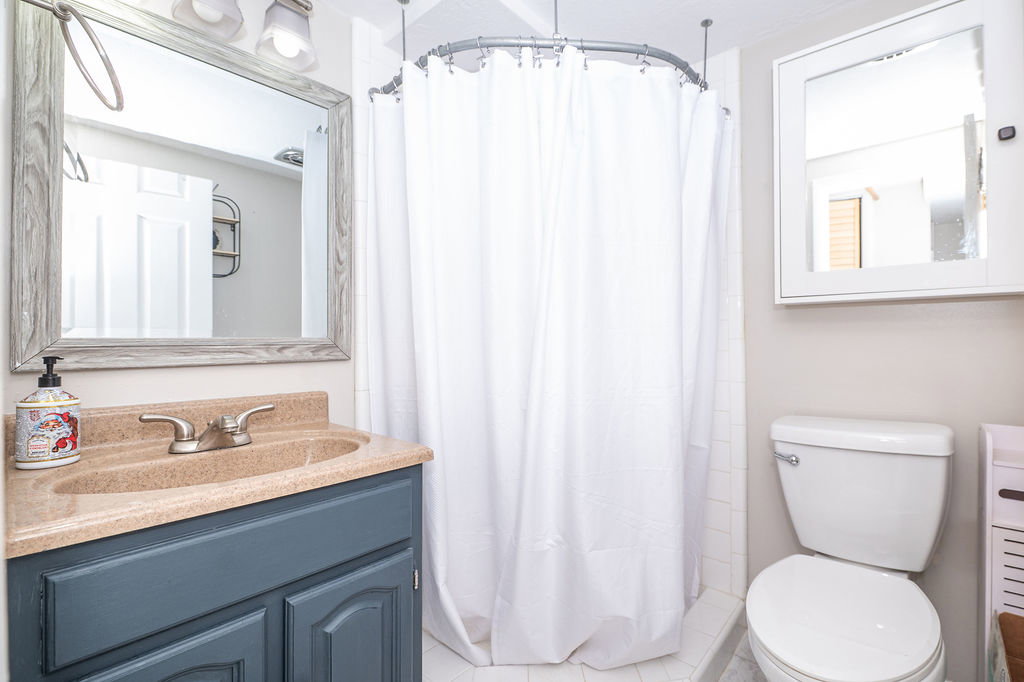 Bathroom featuring a vanity with a countertop sink, a white shower curtain, a toilet, a framed mirror, and a wall-mounted medicine cabinet