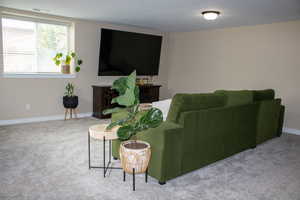 Plush gray carpeting throughout the room