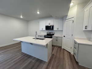 Kitchen featuring a spacious central island with an undermount sink, white countertops, and wood-finish flooring