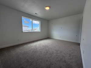 Bright room featuring a large window, textured gray carpeting, white baseboards, a ceiling-mounted light fixture, and white painted walls