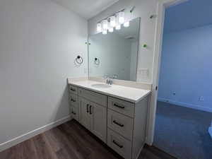 Bathroom vanity featuring a light gray cabinet with black hardware, a light-colored countertop, and an undermount sink