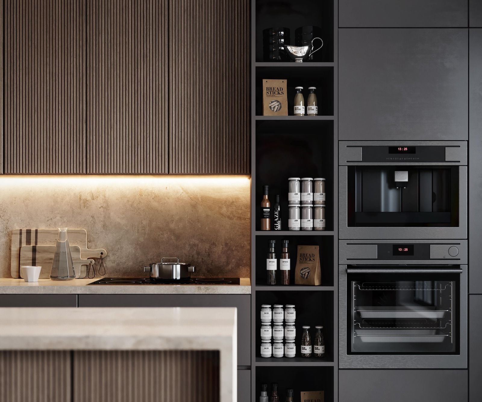 Integrated kitchen featuring fluted wood cabinetry, under-cabinet lighting, a built-in coffee system, and a built-in oven