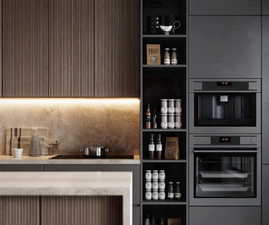 Integrated kitchen featuring fluted wood cabinetry, under-cabinet lighting, a built-in coffee system, and a built-in oven