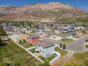 Residential neighborhood with diverse home styles, mountain backdrop, and green spaces