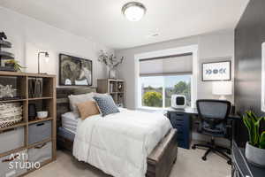 Bedroom featuring light-colored walls and carpet flooring