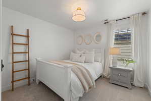 Carpeted bedroom featuring white walls and a window with white window treatments