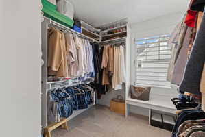 Walk-in closet featuring built-in shelving, multiple hanging rods, carpet flooring, a window with louvered shutters, and an integrated bench