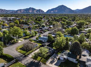 Aerial perspective showcasing an expansive residential area with mature tree coverage