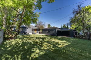 Expansive green lawn with mature trees providing shade
