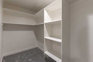 Walk-in closet featuring built-in shelving, white walls, white trim, and gray carpet