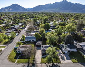 Aerial overview showcasing a residential street with mature trees and mountain scenery