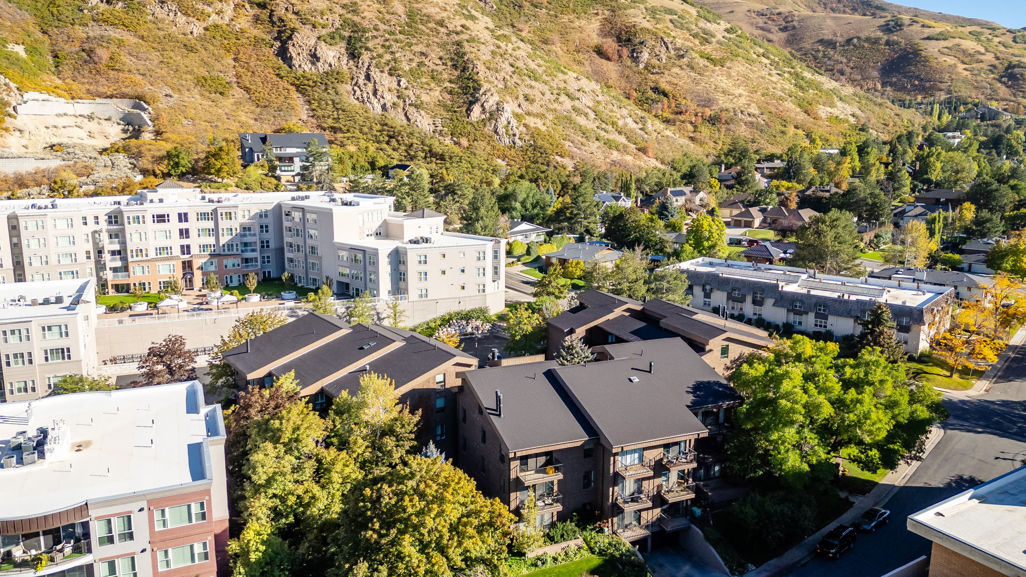Multi-story residential buildings with flat and sloped roofs, surrounded by mature trees