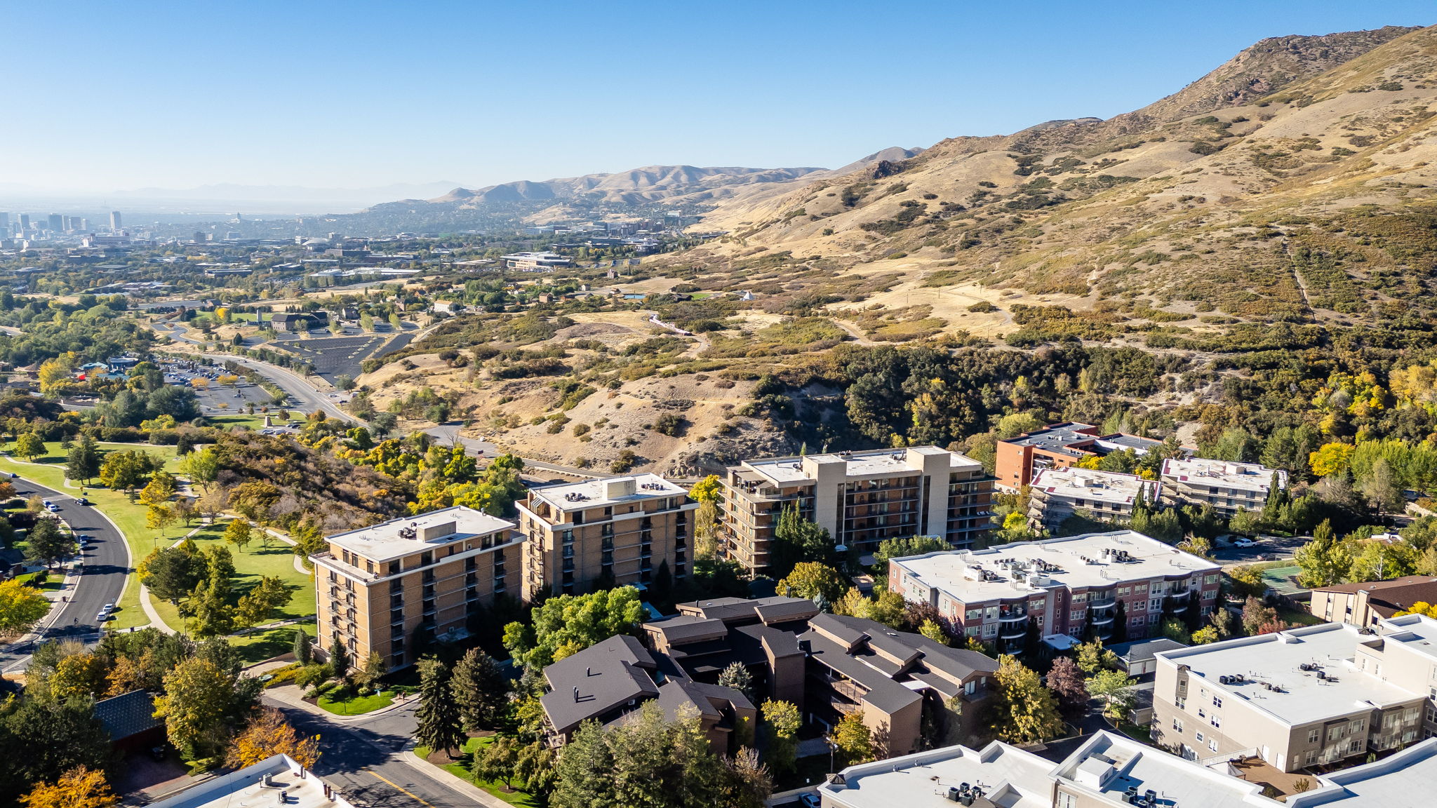 Aerial perspective showcasing multiple residential buildings nestled into a hillside landscape