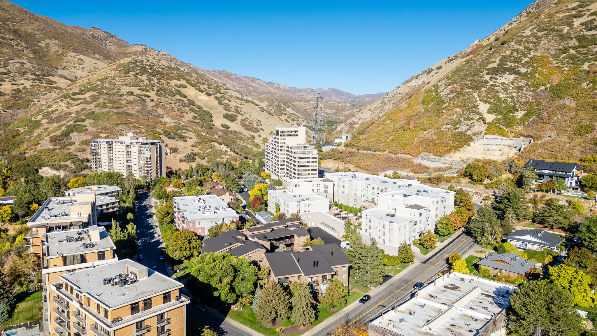 Mountainous landscape providing a natural backdrop for a residential area featuring multi-story buildings, dense greenery, and paved roadways