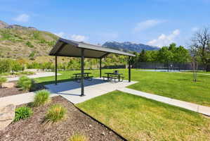 Community park area featuring a covered picnic area with two picnic tables