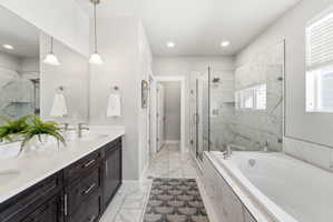 Primary bathroom - double sink vanity, soaking tub and separate shower