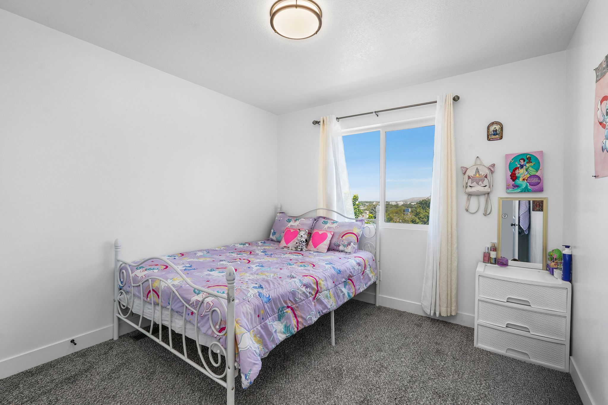 Bedroom featuring a large window, neutral carpeting, and a ceiling-mounted light fixture