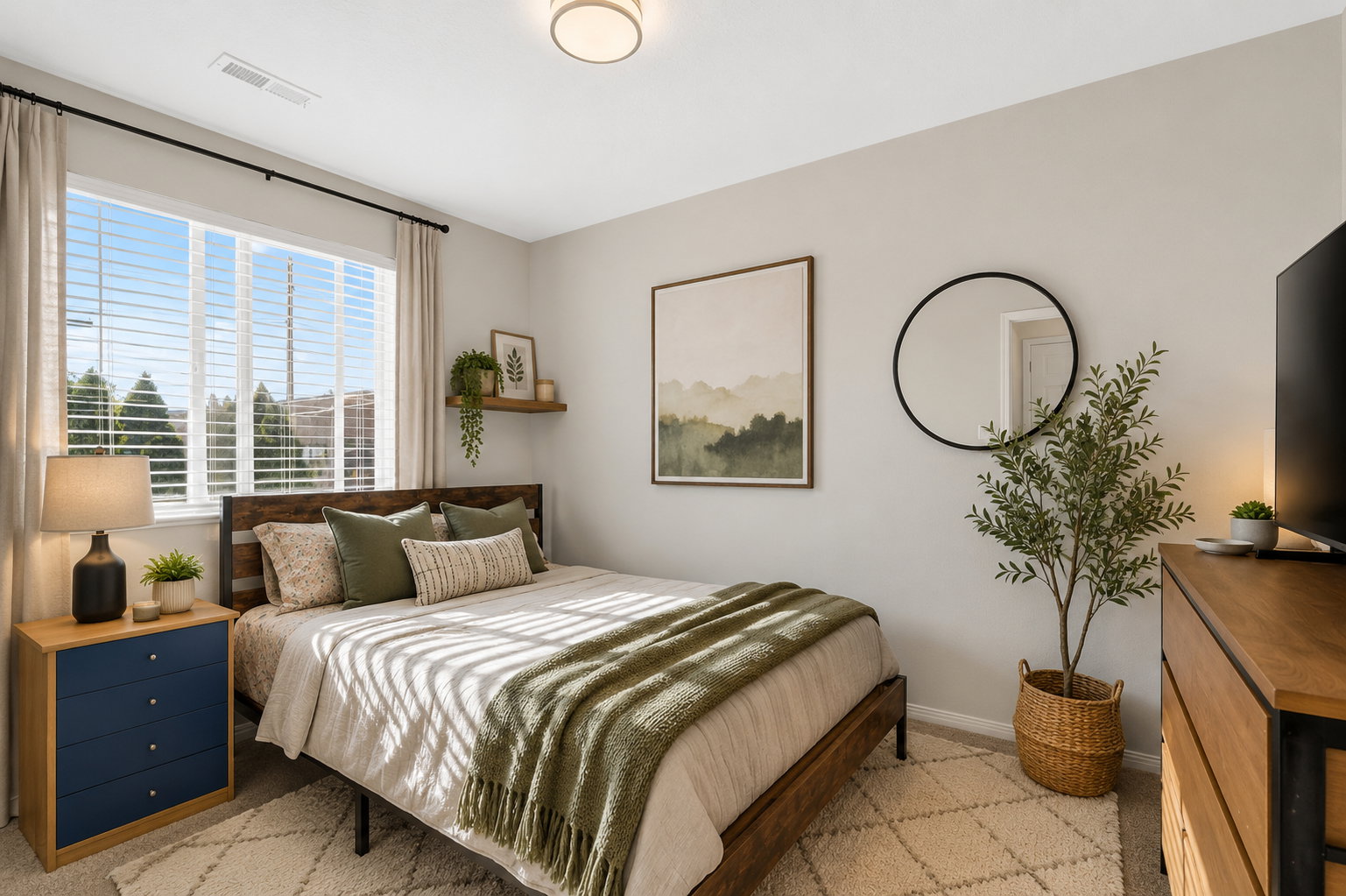 Virtually staged Bedroom with a large window and blinds, featuring light neutral wall paint
