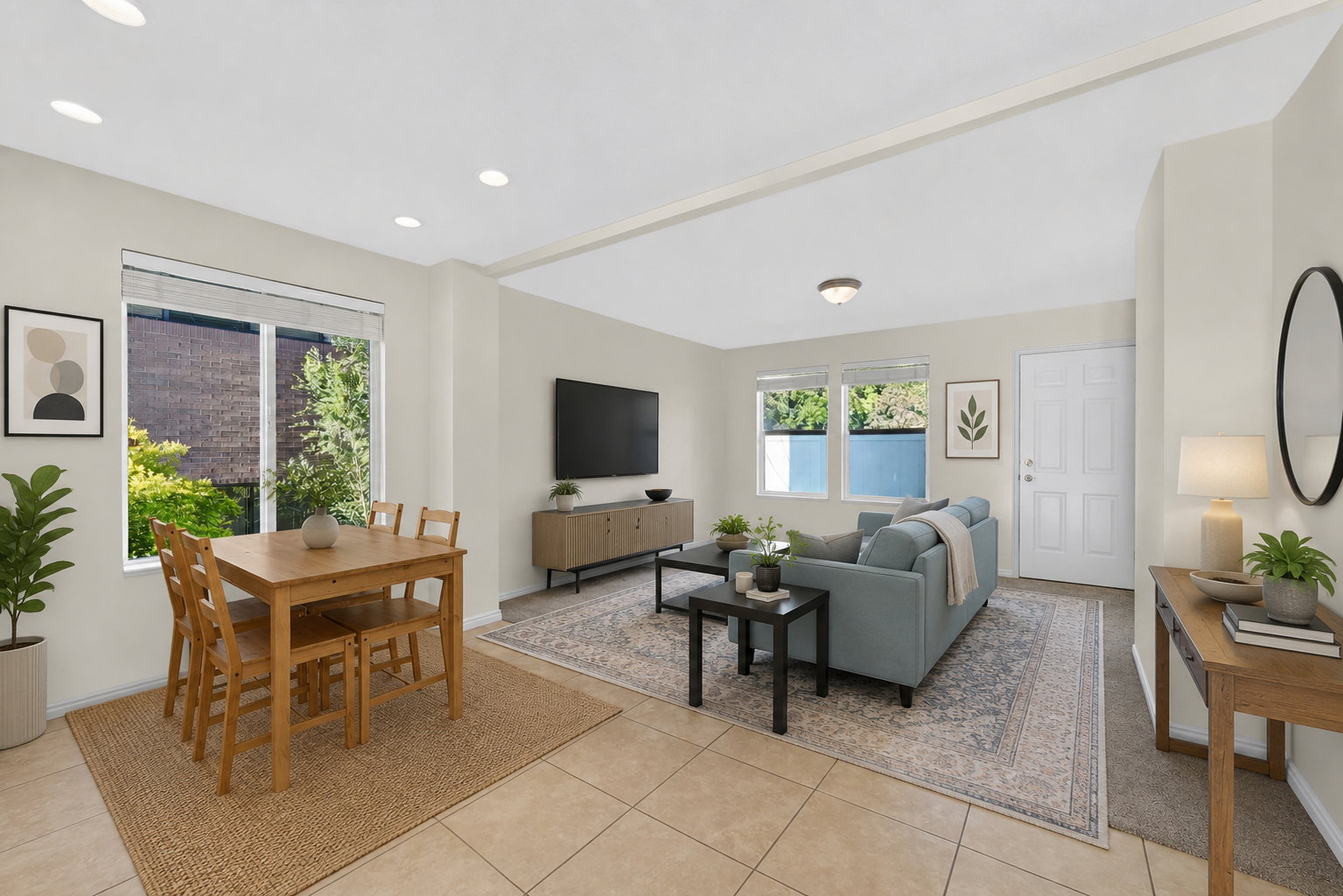 Virtually staged Open-concept living and dining area featuring recessed lighting