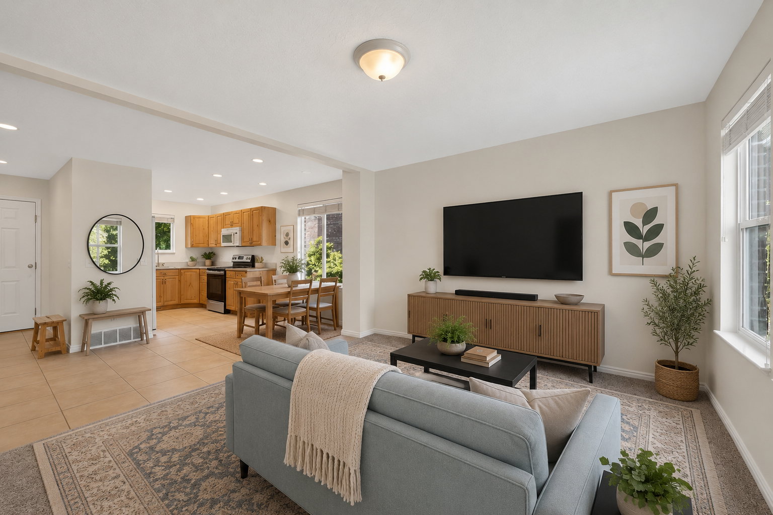 Virtually staged Living area featuring light-toned walls, recessed lighting, and carpet flooring