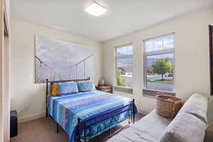 Bright interior space featuring two large windows, a neutral color palette, and carpeted flooring