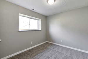 Room featuring neutral gray walls, textured ceiling, and gray carpet flooring