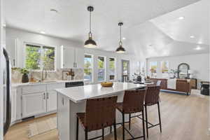 Open-concept kitchen and living area featuring wood-finish flooring, recessed lighting, and a vaulted ceiling